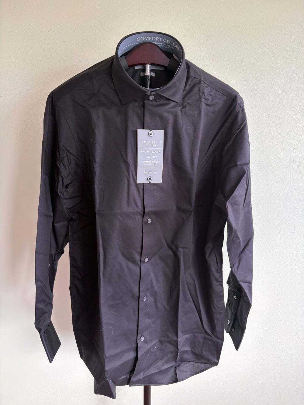 Perry Ellis Dress Shirt Premium Slim Fit Mens Size 15.5 Black NWT Stretch